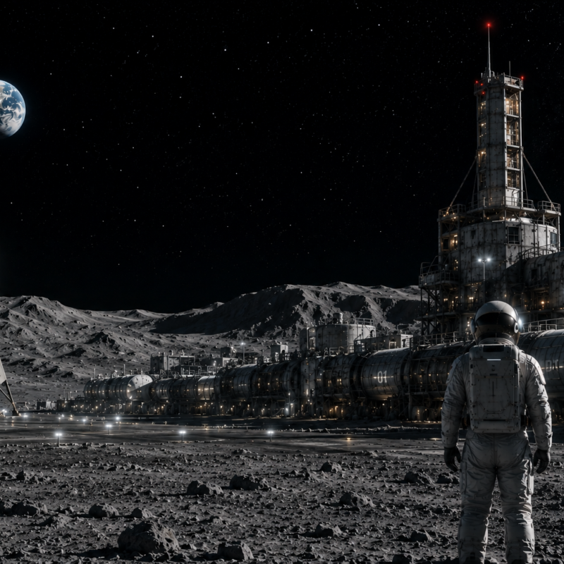 Viajes comerciales a la Luna con infraestructura lunar industrial y astronauta frente a la base