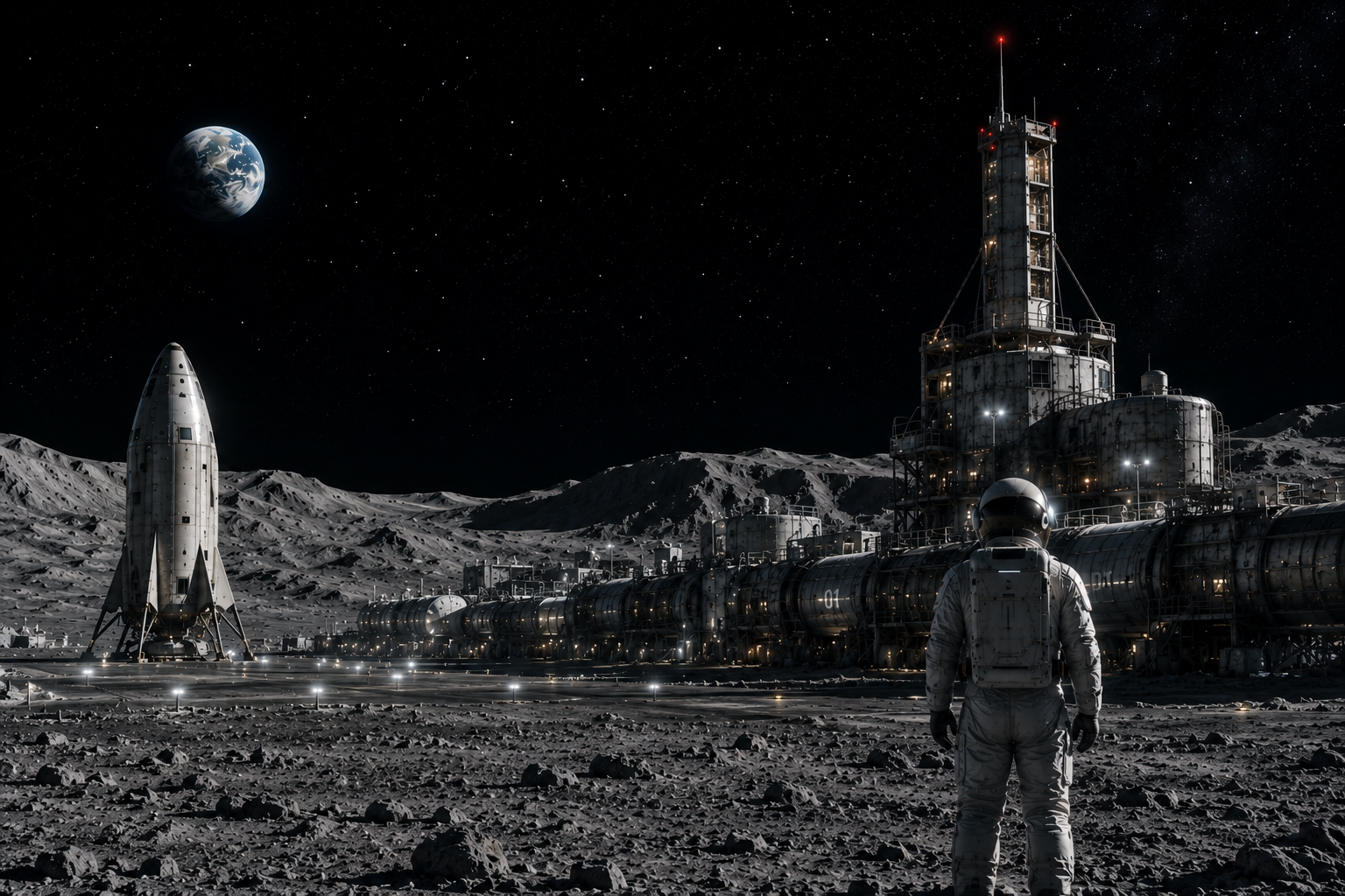 Viajes comerciales a la Luna con infraestructura lunar industrial y astronauta frente a la base