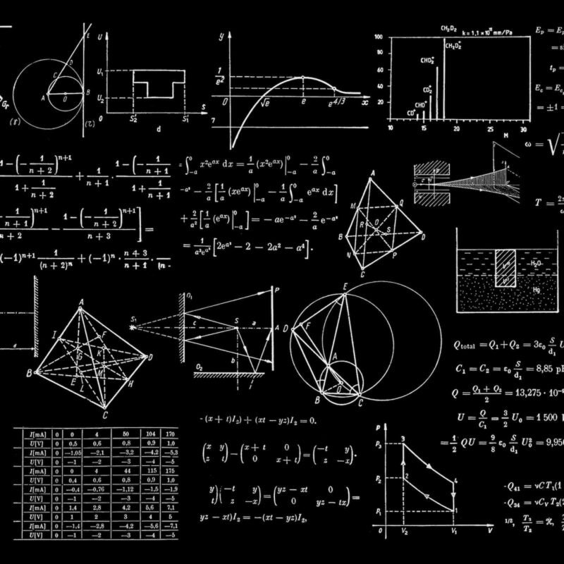 Ilustración en fondo negro con fórmulas, gráficos y diagramas matemáticos y físicos, representando cálculo multivariable, ecuaciones diferenciales y sus aplicaciones.