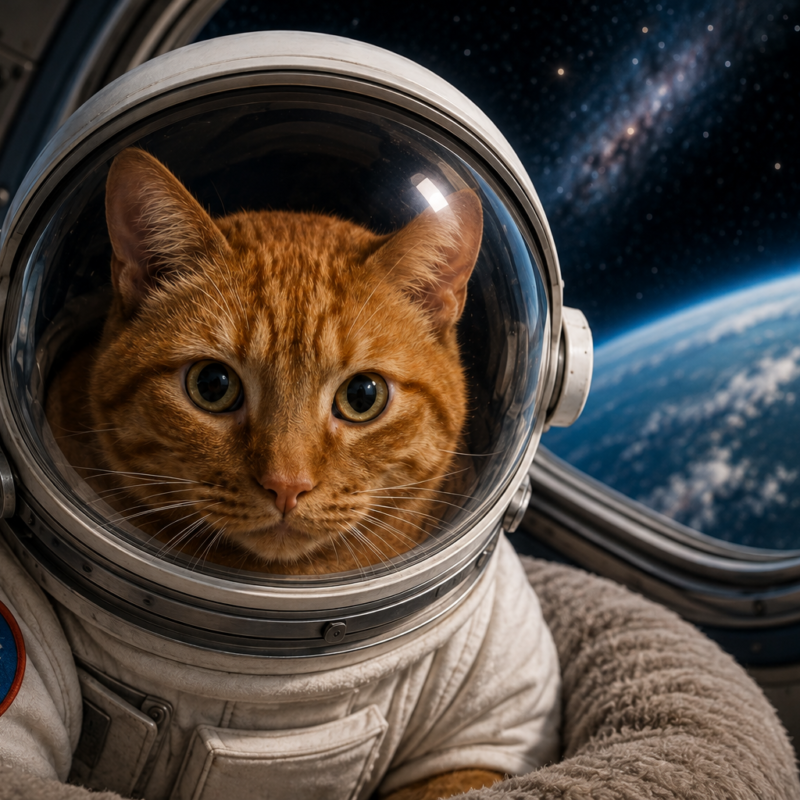 Gato naranja con casco espacial dentro de una nave, con la Tierra visible al fondo