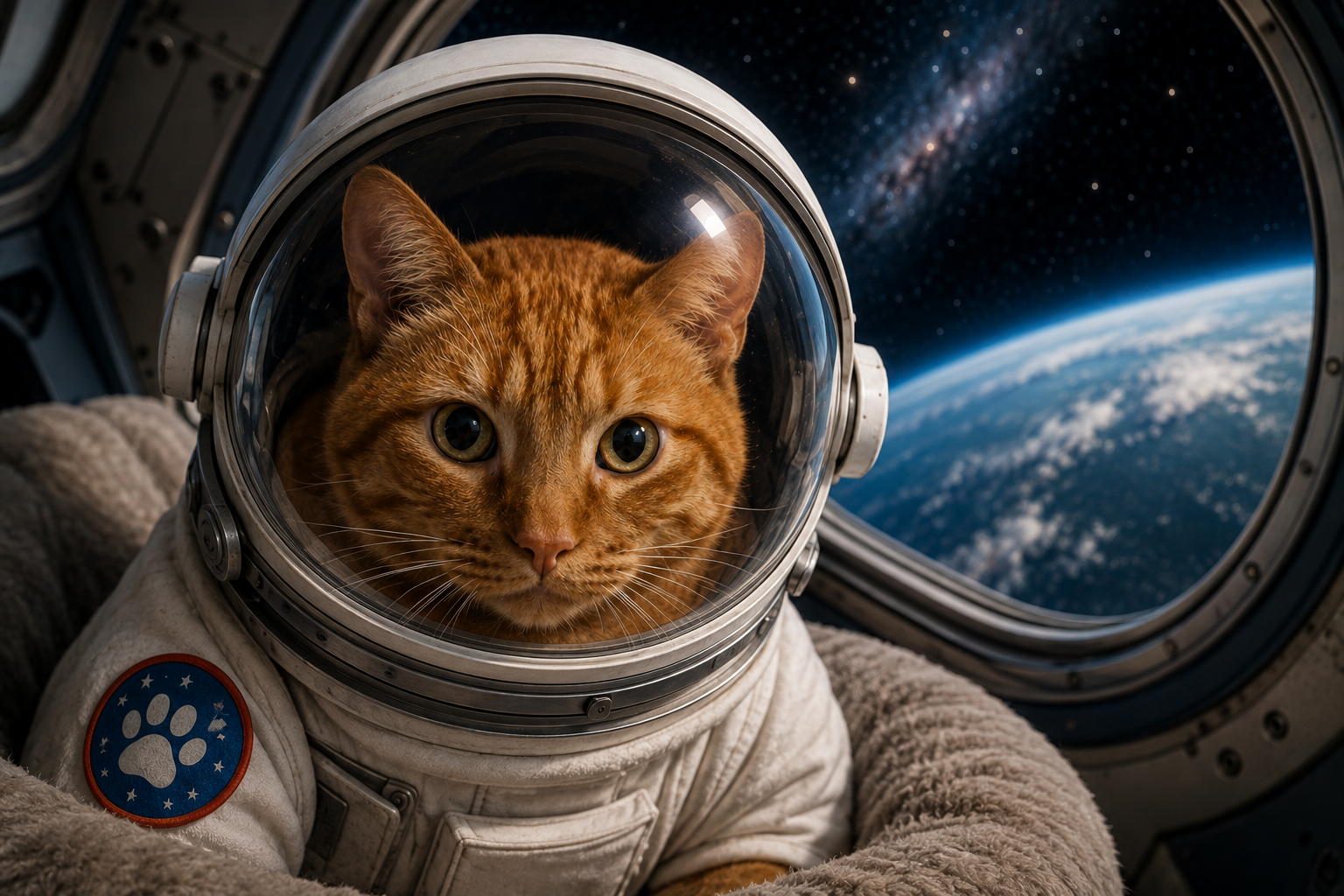 Gato naranja con casco espacial dentro de una nave, con la Tierra visible al fondo